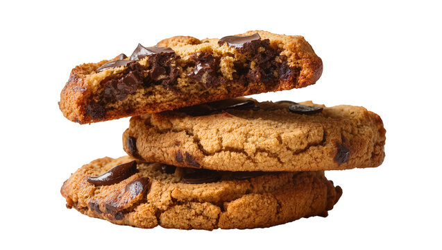 Stack of three chocolate chip cookies with gooey melted chocolate, isolated on transparent background