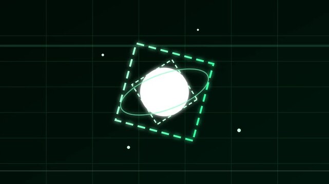Abstract glowing digital planet icon with orbiting rings and square frame on dark grid background