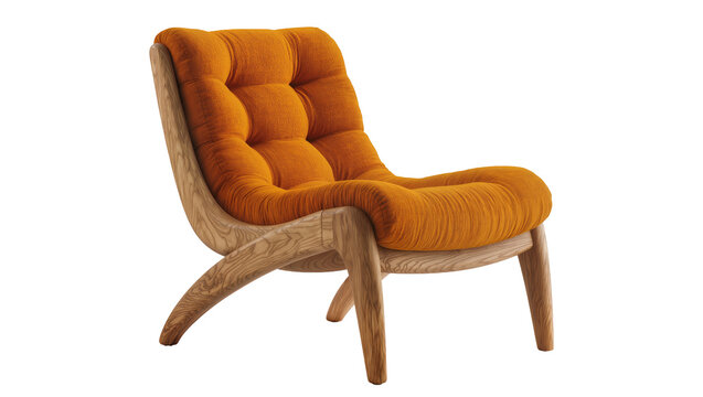 Tufted orange fabric lounge chair with curved wooden frame, isolated on transparent background
