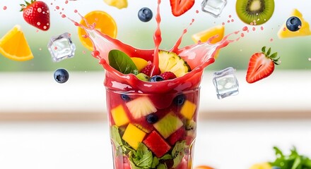 Naklejka premium Fresh tropical fruit cocktail with splashing juice and flying ingredients