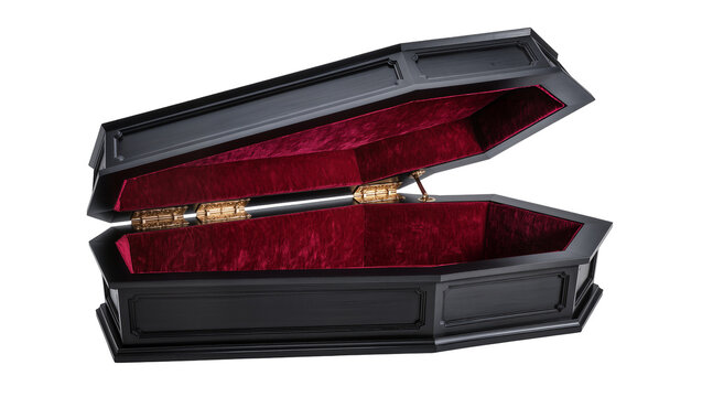 Ornate black coffin with red velvet lining and gold hinges, isolated on transparent background