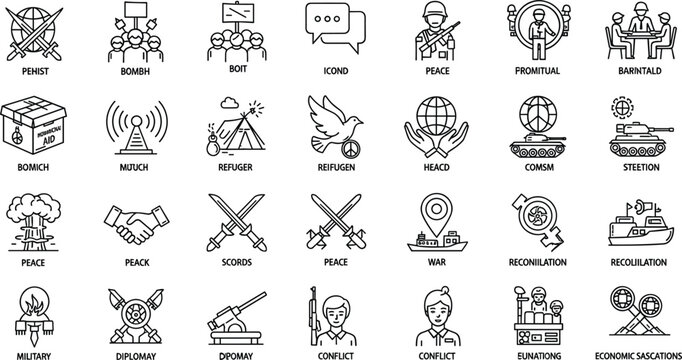 Global conflict and diplomacy vector icon collection featuring peace negotiation military refugee and humanitarian crisis symbols
