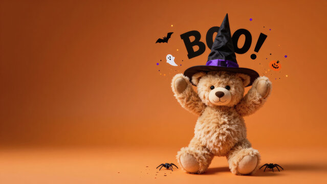 Adorable ours en peluche portant un chapeau de sorci&egrave;re pour une c&eacute;l&eacute;bration d&rsquo;Halloween