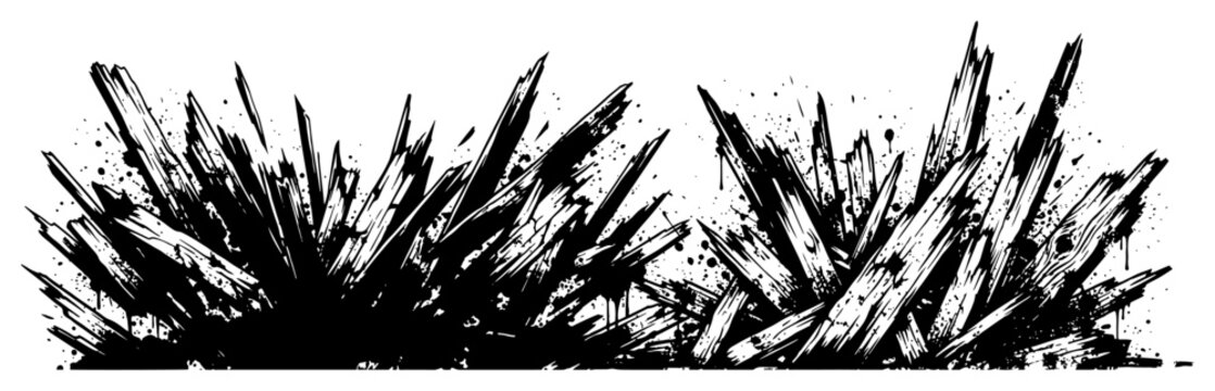 Sharp jagged crystalline shards and wood splinters with messy ink splatters in gritty style