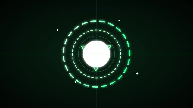 Glowing green circle target hud element with a bright white center on a dark digital background