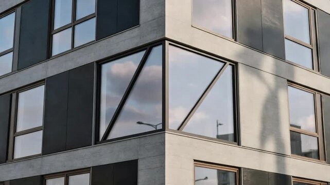 Modern Minimalist Building Corner with Concrete Facade and Geometric Window Frames
