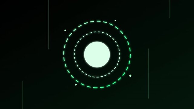 Glowing green circle target icon with dotted orbit lines on a dark background
