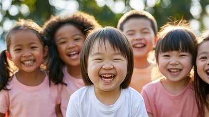 Fototapeta premium Joyful diverse group of young children smiling and laughing outdoors in bright natural sunlight enjoying happy friendship moment together