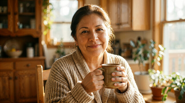 Elderly woman smiling while holding a cup in a sunny kitchen  