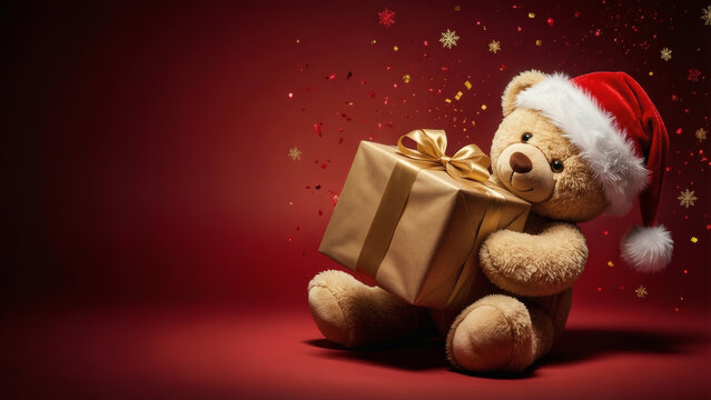 Adorable ours en peluche portant un bonnet de P&egrave;re No&euml;l tenant une bo&icirc;te cadeau dor&eacute;e sur un fond rouge festif avec des confettis