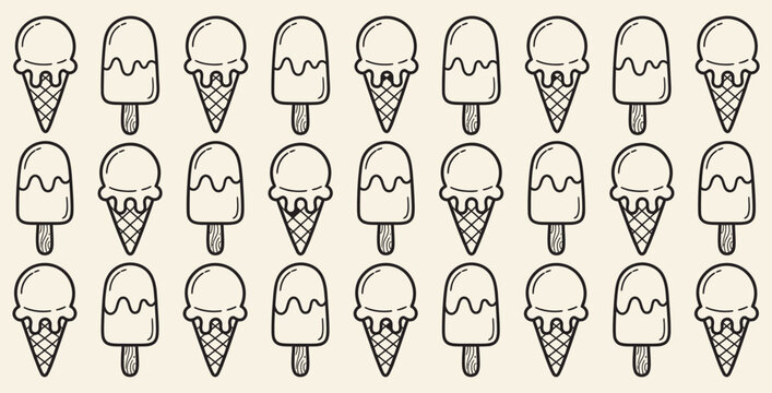 A delightful collection of hand-drawn ice cream cones and popsicles arranged in a repeating pattern on transparent background