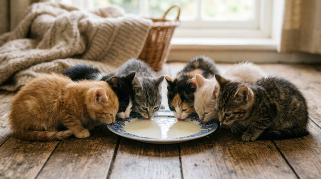 Kittens drinking milk in cozy room with plate on wooden floor, group of young cat gathered around food dish indoors