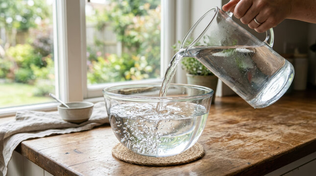 Glass bowl water pouring clear water kitchen hand glass pitcher table sunlight interior home