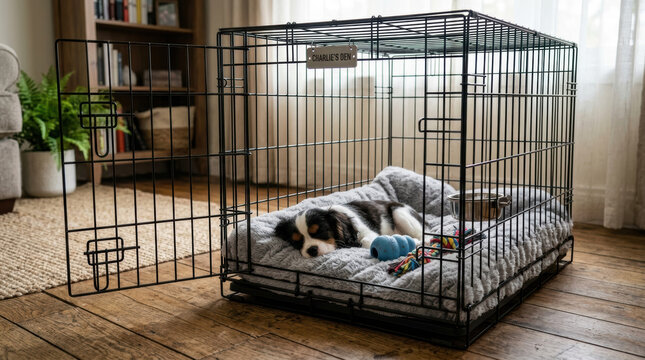 Wire crate dog bed puppy pet kennel home interior living room floor