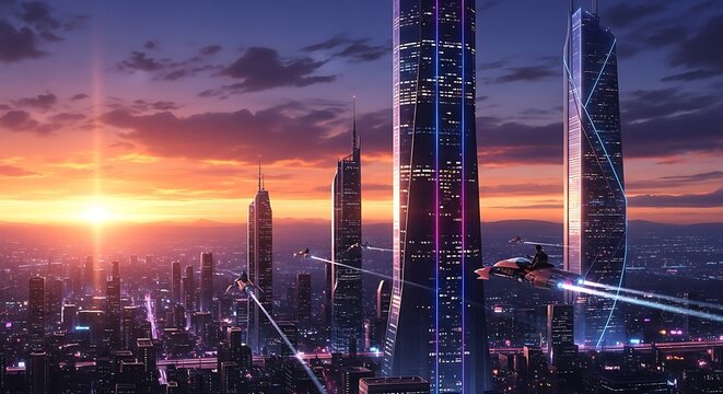 Futuristic cityscape with high rise buildings and aircraft at sunset