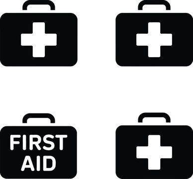 Vector Illustration Featuring 2x2 Grid of Black Silhouette First Aid Kit Icons with Handle Cross Symbol and Emergency Text