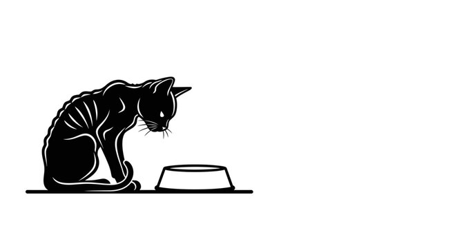 A skinny black cat looking at an empty food bowl.