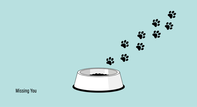 A pet food bowl with paw prints walking away illustrating the concept of missing a pet.