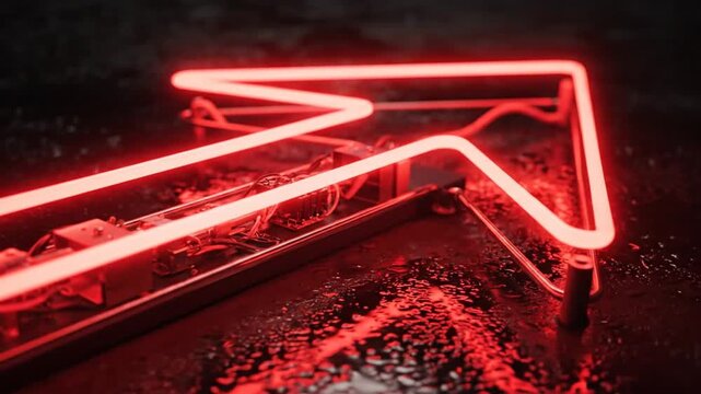Vibrant red neon arrow illuminates a dark, wet urban surface, symbolizing progress and a clear path forward in a dynamic, modern environment
