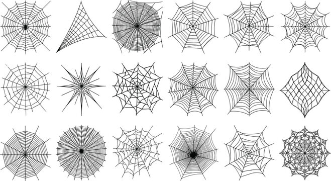 Large collection of black hand drawn spider web icons and spooky cobweb vector elements isolated on white background