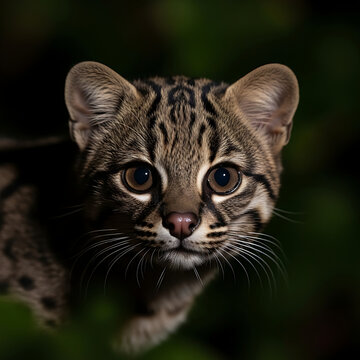 Close-up portrait of a wild oncilla or tigrina cat with striking eyes and markings