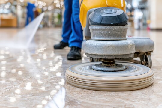 Professional cleaner using a floor scrubbing machine to polish a shiny marble floor in a modern building.