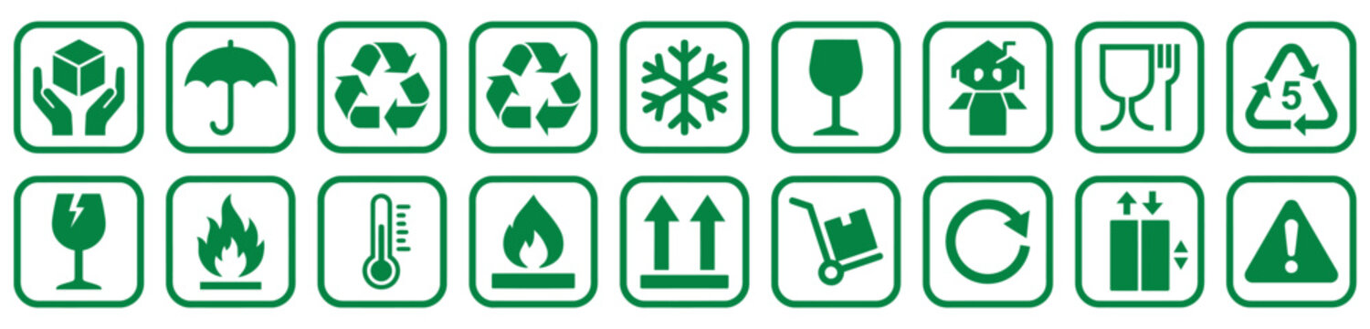 A collection of green shipping and handling icons representing various important precautions for package safety on transparent background