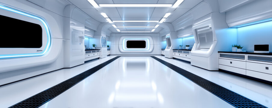 Futuristic medical laboratory AI healthcare technology clinical interior sterile corridor research facility clean room sleek white lab with blue