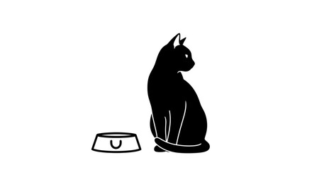 Minimalist black cat illustration sitting next to an empty food bowl. © Shal_Kafa_Alfattah