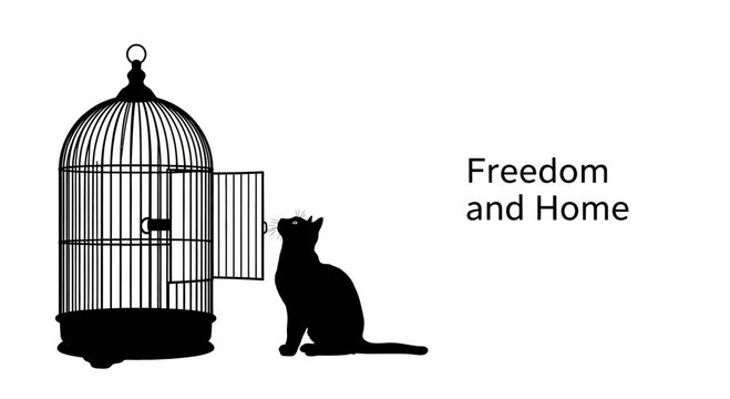 Black silhouette of a cat sitting next to an open bird cage.