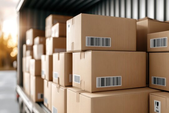Stack of cardboard boxes with barcodes loaded inside a shipping container or truck, ready for transport.