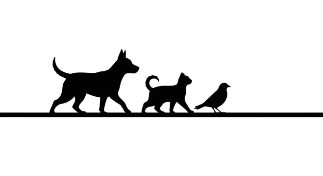 Silhouette illustration of a dog a cat and a bird walking together in a line.