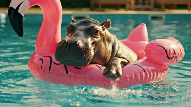Hippopotamus relaxing on flamingo float in swimming pool