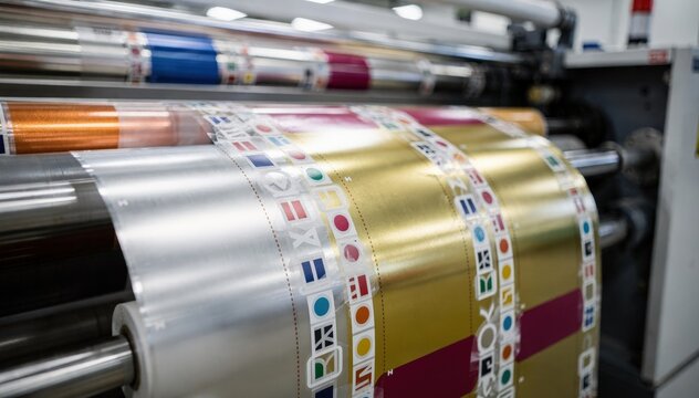 Industrial printing process with registration marks guiding the alignment of multicolor designs on metallic foil highlighting the accuracy of flexo printing for packaging