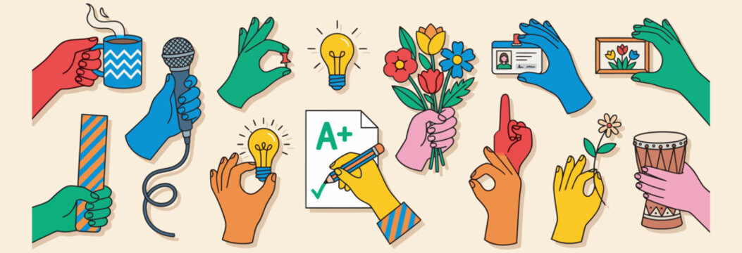 Collection of colorful cartoon hands holding various objects representing diverse activities and achievements on transparent background