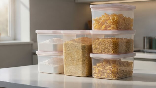 Square bulk ingredient storage tubs captured in medium shot highlighting sturdy design perfect for organized kitchen ingredient management.