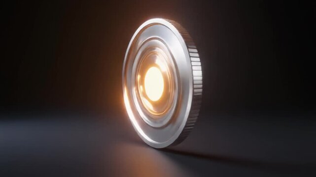 Shiny metallic coin with a glowing orange center, symbolizing investment and financial success on a dark background
