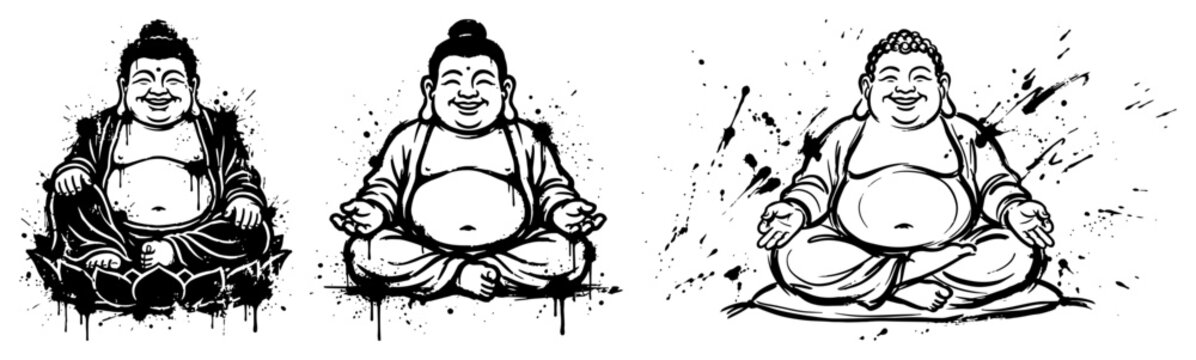 Laughing buddha characters set in zen ink splatter style