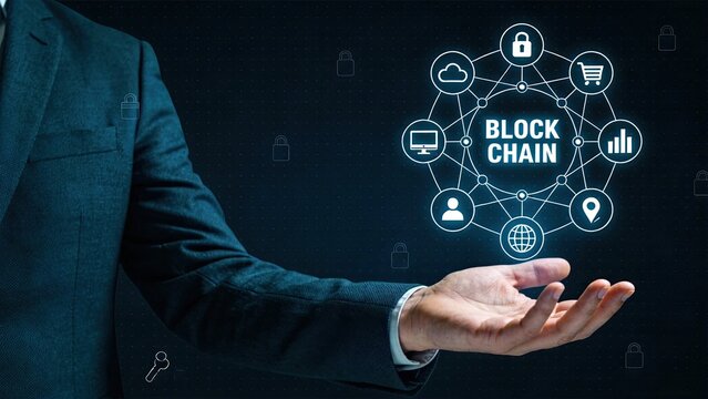 Blockchain technology concept with network icons and security symbols held in businessman hand representing crypto and decentralized future