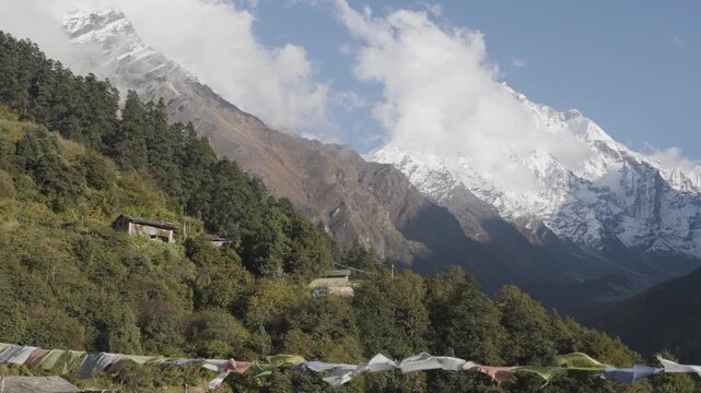 Ganesh Himal Mountain Range with Pabil and Salasungo Himalayan Peaks Seen on a clear sky day from Gumba LongDang in Tsum Valley Nepal