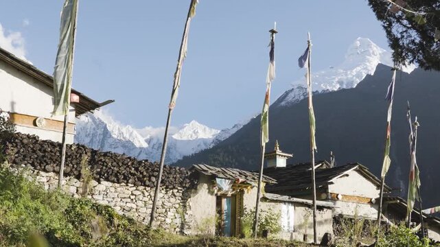 Ganesh Himal Mountain Range with Pabil and Salasungo Himalayan Peaks Seen on a clear sky day from Gumba LongDang in Tsum Valley Nepal