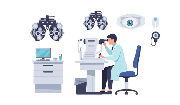 Ophthalmologist doctor using slit lamp machine for eye examination in optometry clinic vector illustration