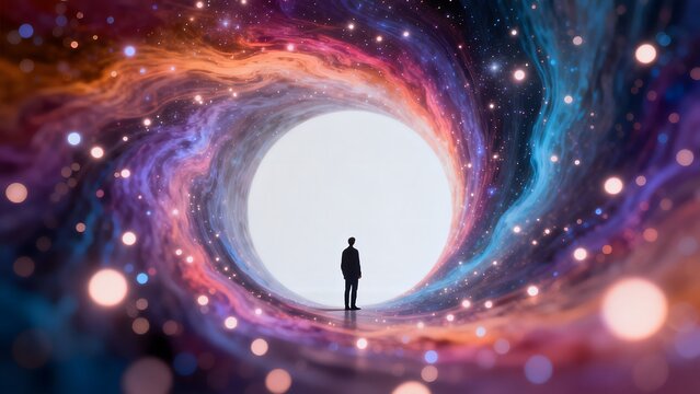 Person standing in cosmic tunnel