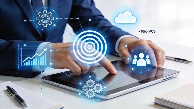 Business person using tablet with holographic interface showing target analytics cloud data, digital marketing strategy SEO optimization concept with glowing blue neon icons on