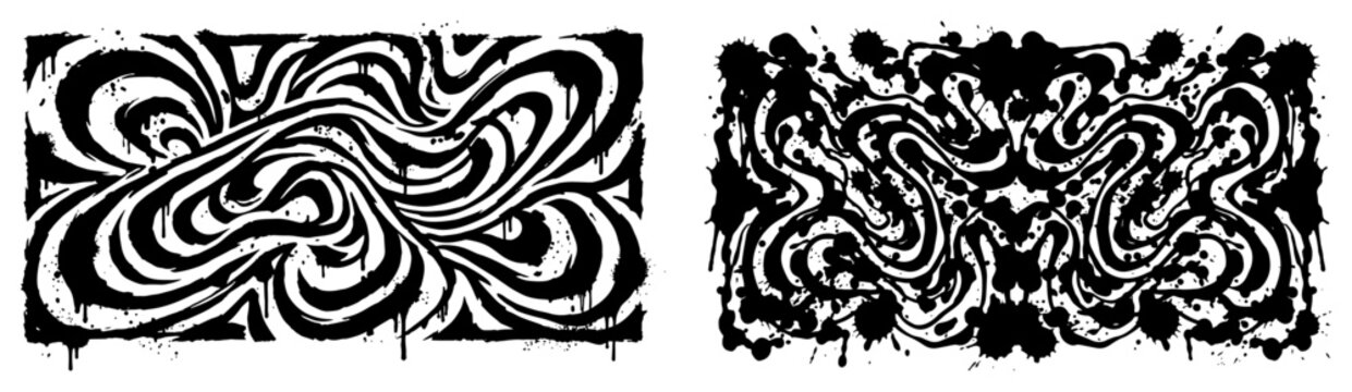 Psychedelic liquid marble patterns and symmetrical ink splatter shapes in grunge abstract style