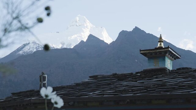 Ganesh Himal Mountain Range with Pabil and Salasungo Himalayan Peaks Seen on a clear sky day from Gumba LongDang in Tsum Valley Nepal