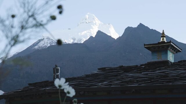 Ganesh Himal Mountain Range with Pabil and Salasungo Himalayan Peaks Seen on a clear sky day from Gumba LongDang in Tsum Valley Nepal