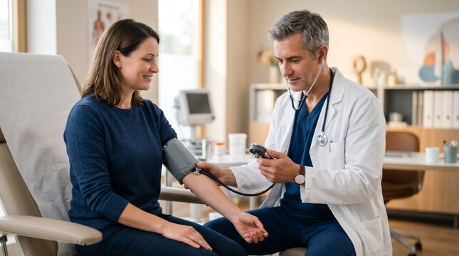 Male doctor taking blood pressure of smiling woman in clinic  