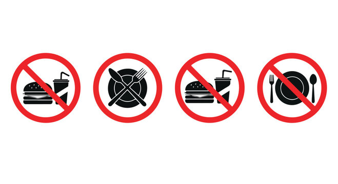 Set of four prohibition signs indicating no food, no drinks, and no eating with utensils allowed