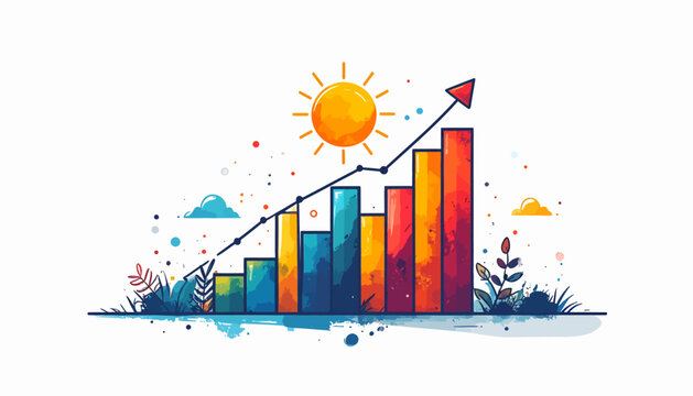 Optimistic and dynamic watercolor illustration depicting a vibrant business growth chart with an upward trend, signifying success, progress, and a bright, prosperous future